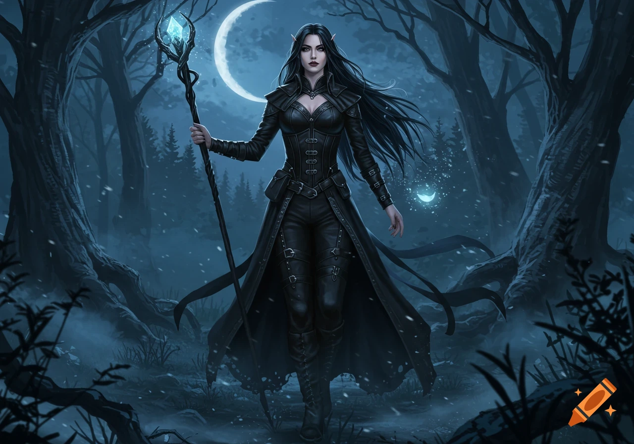 A dark-haired witch in a black leather outfit stands in a snowy, moonlit forest, holding a glowing staff. Digital painting.