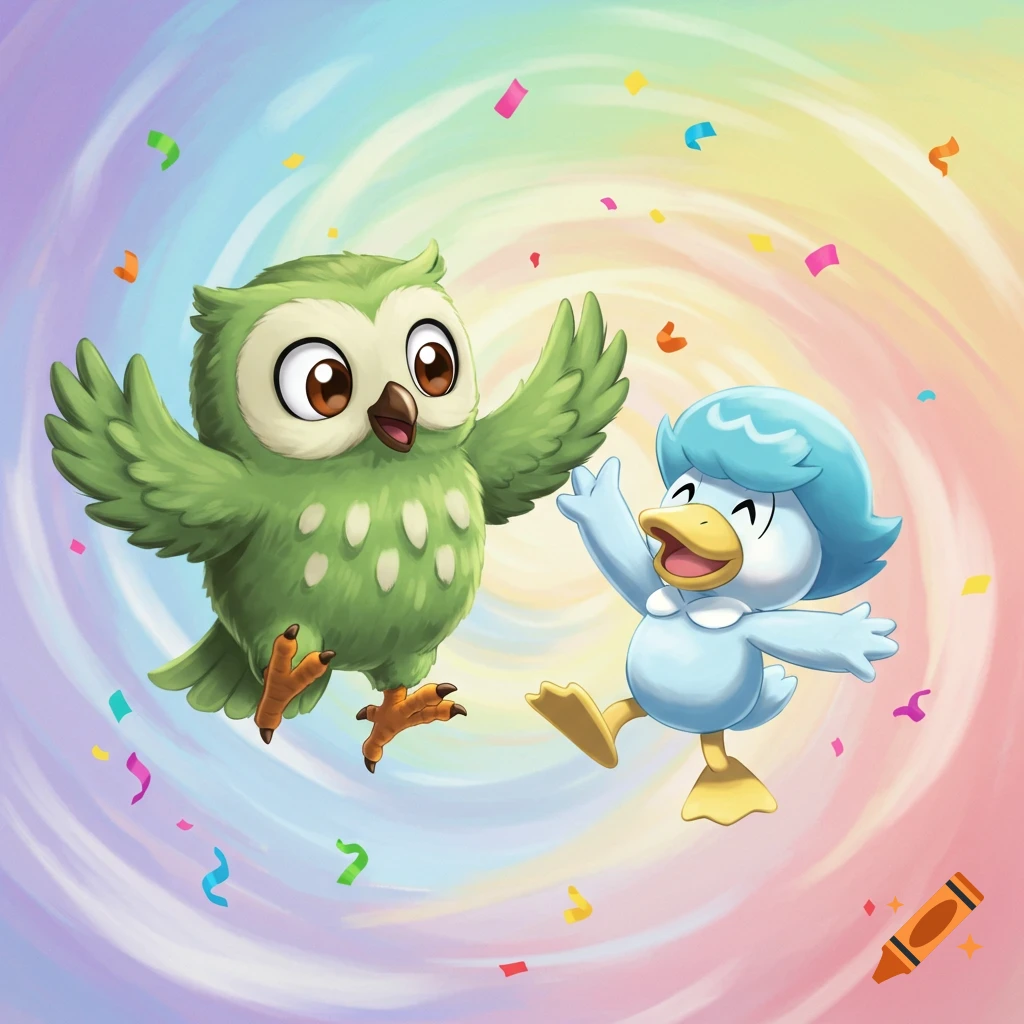 A cute green Duolingo owl and a blue Quaxly Pok emon celebrate with colorful confetti on a rainbow swirl background.