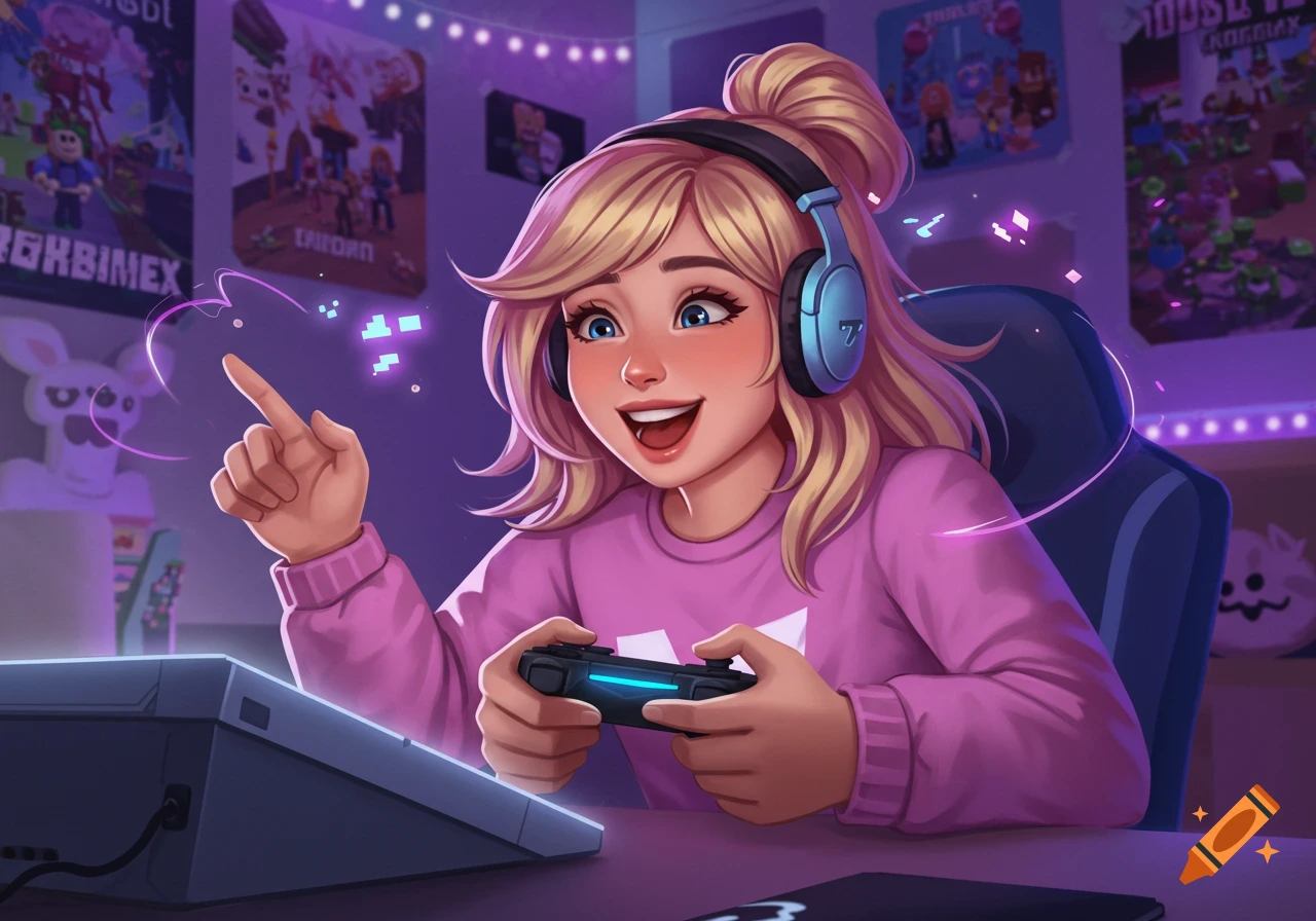 Blonde girl with blue eyes and headphones, wearing a pink sweater, playing a video game with a controller in a neon purple-lit room with game posters.