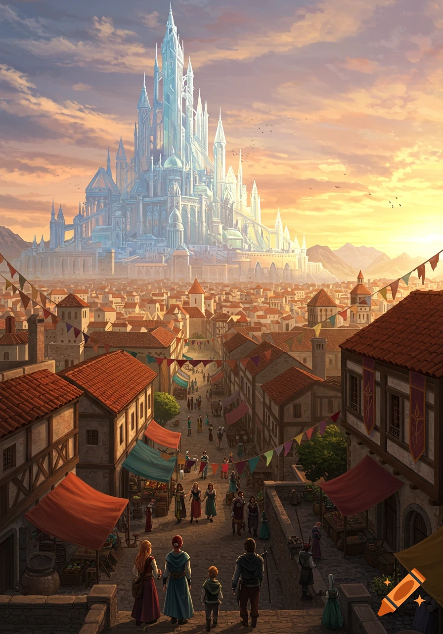 A digital painting of a bustling fantasy city at sunset, with a path leading to a grand, sparkling glass castle.