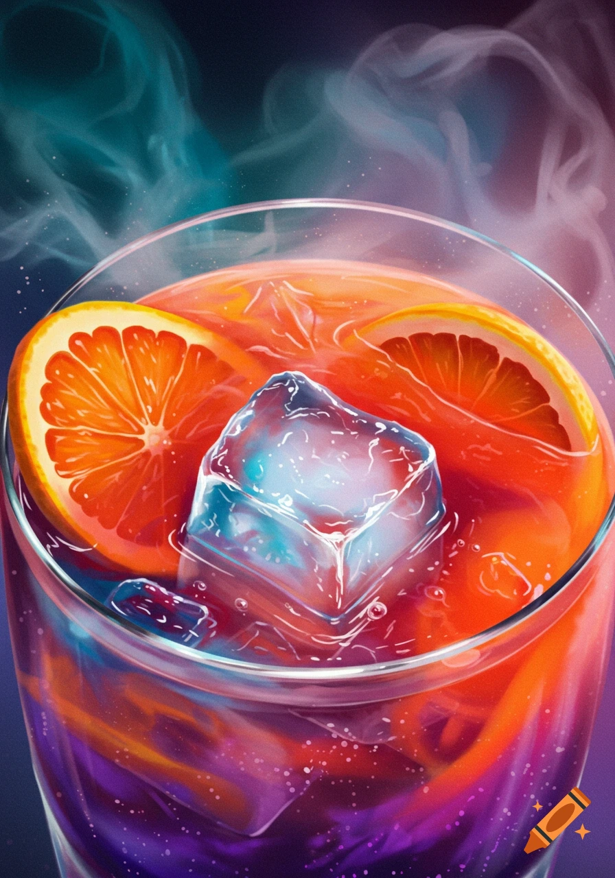 Close-up of a vibrant cocktail with orange slices, ice, and purple, orange, and red liquid, with smoky background.