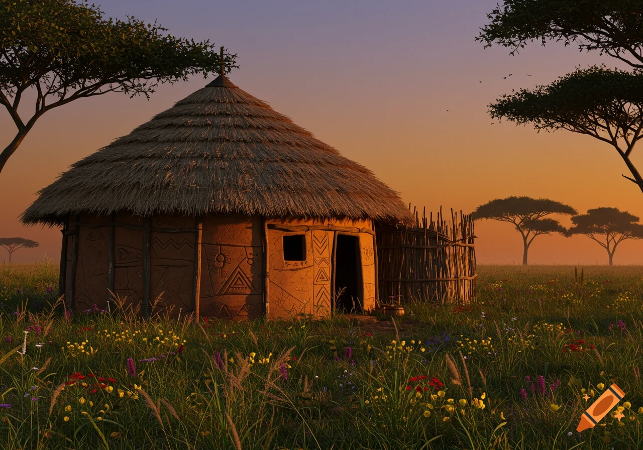 A thatched-roof African tribal hut with carved patterns stands in a field of wildflowers at sunset, with acacia trees in the distance.
