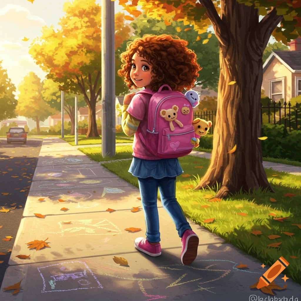 A smiling cartoon girl with curly hair and a pink backpack walks down a sunny autumn sidewalk with chalk drawings, looking over her shoulder.