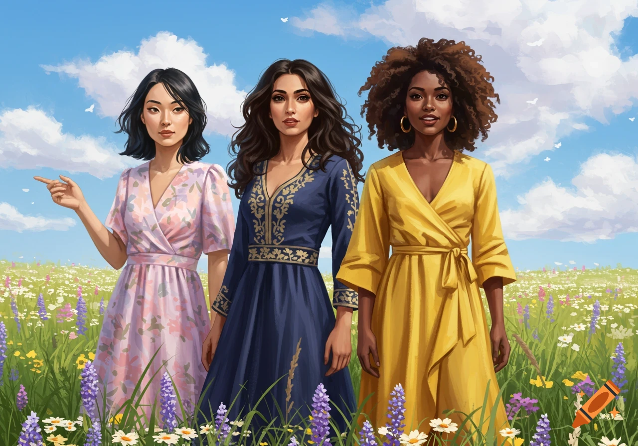 Three women of diverse backgrounds stand in a vibrant wildflower field under a blue sky, rendered in a digital art style.