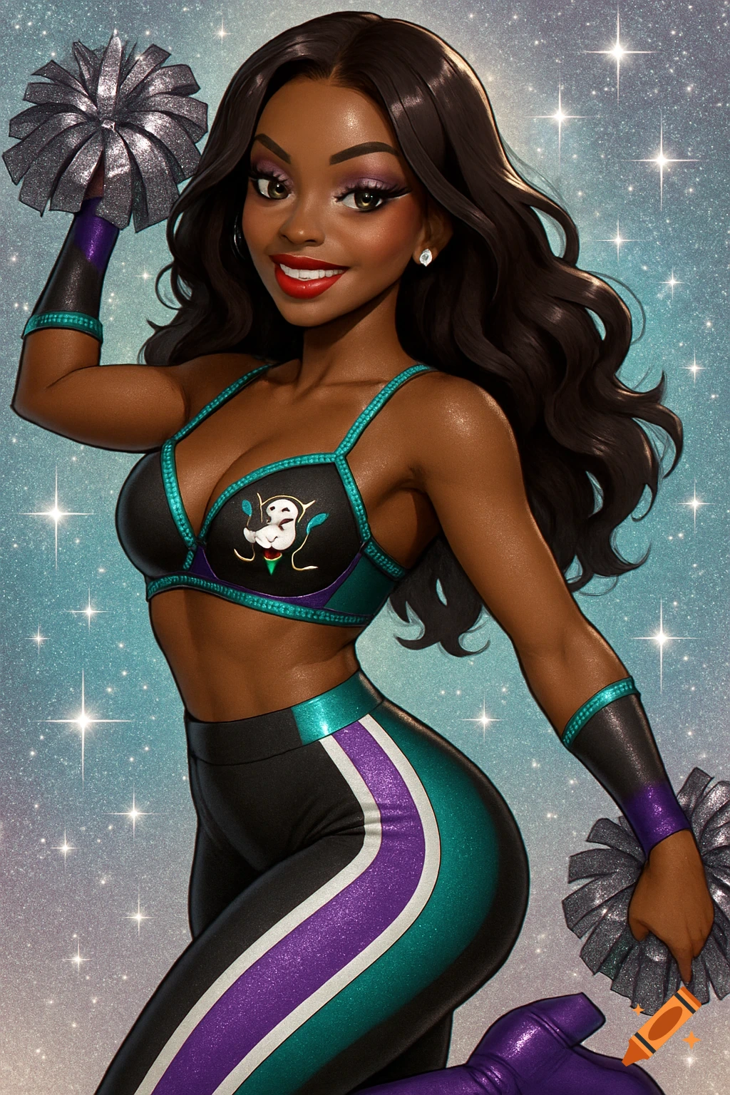 An anime-style black female cheerleader with dark hair, bright smile, red lipstick, wearing a black bra top with teal and purple accents and a stylized logo, black leggings with purple and teal stripes, holding silver pom-poms, against a sparkly background.