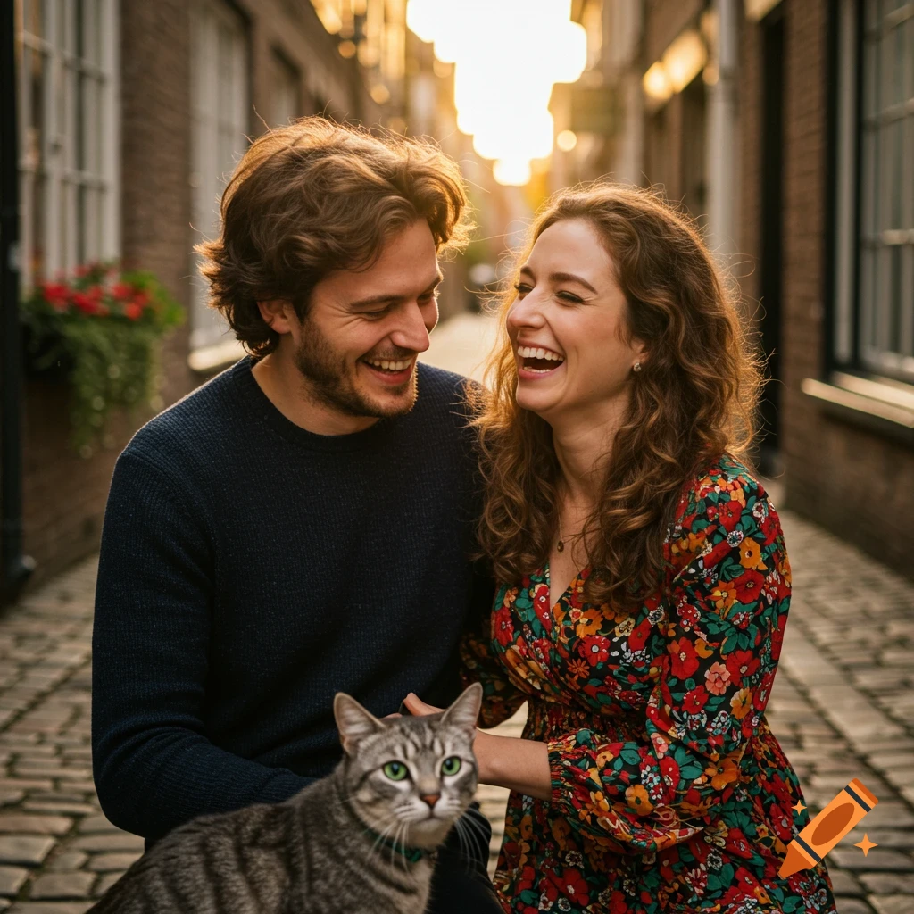 A happy couple laughing together on a cobblestone street, with a gray tabby cat sitting in front of them, bathed in golden hour light.