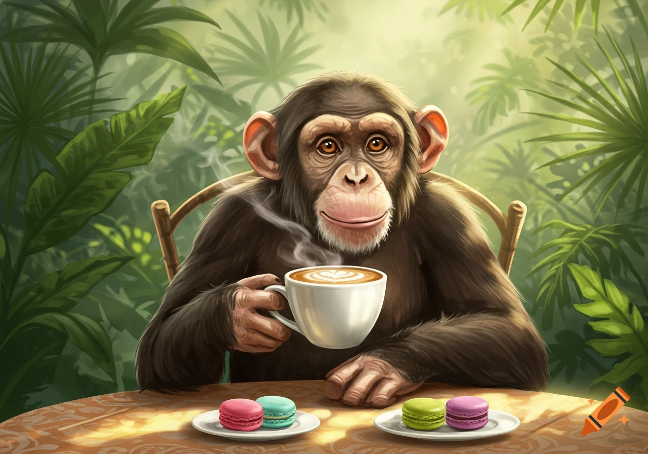 A stylized chimpanzee drinks a cappuccino with latte art at a table with macarons, in a lush jungle setting.