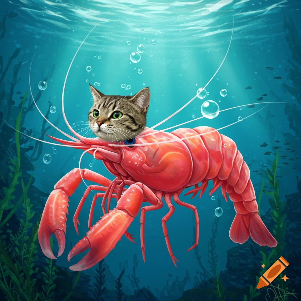 A tabby cat head on a red shrimp body swims underwater with bubbles and green plants.