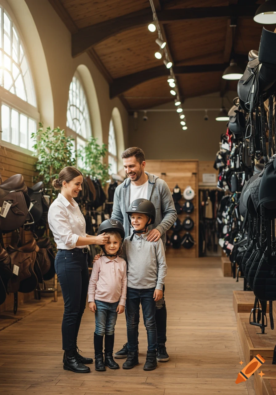 A family of four, including two children trying on riding helmets, smiling inside an equestrian store with saddles and gear.