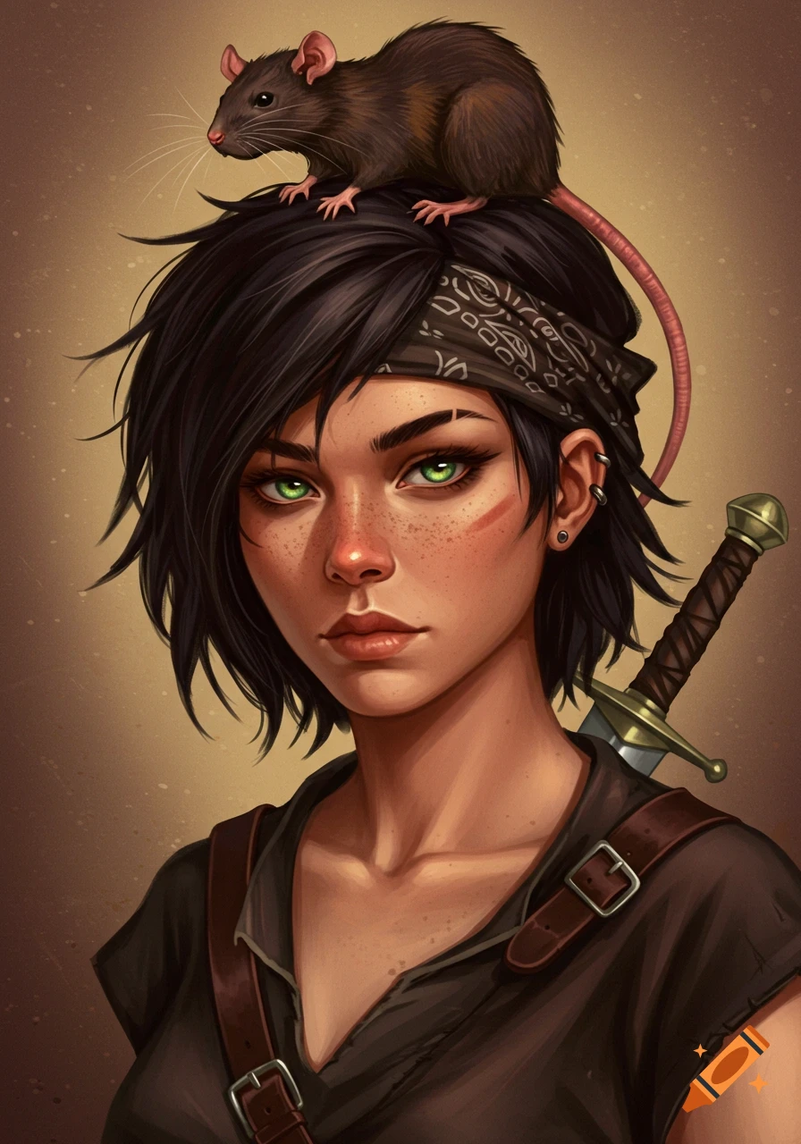 Stylized portrait of a young woman with green eyes, dark messy hair, a bandana, and a rat perched on her head, a sword visible on her back.