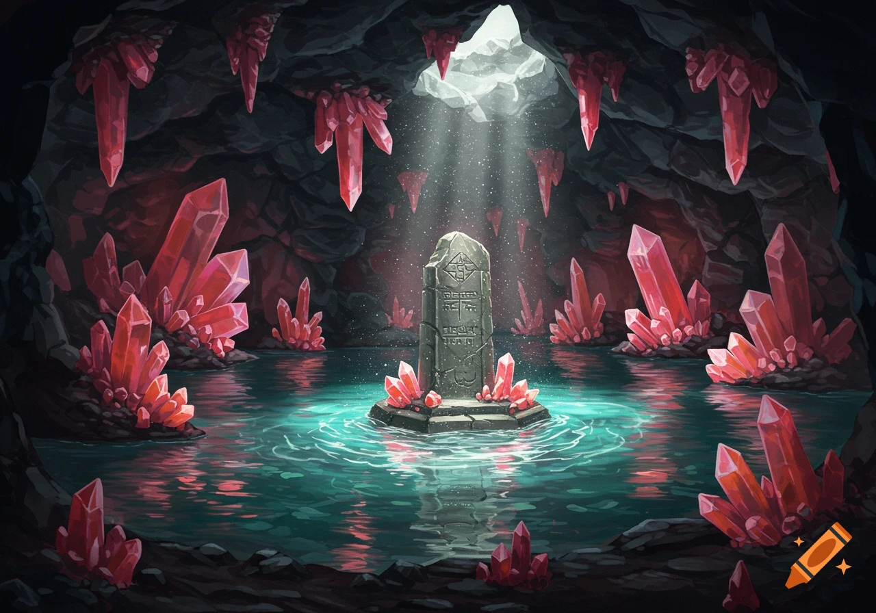 An underground cave with glowing red crystals, a serene turquoise lake, and an ancient stone monument under a beam of light.