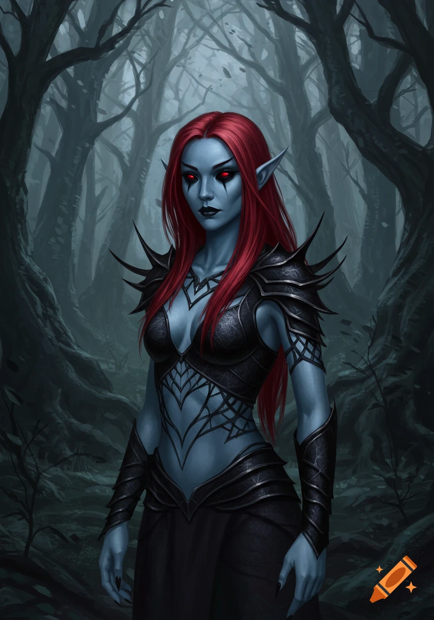 A dark fantasy elf with blue-grey skin, red hair, and red eyes wears dark, spiked armor with a spiderweb pattern, standing in a dim forest.