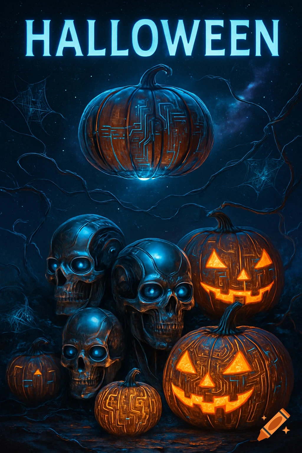 A sci-fi Halloween poster with glowing text, cybernetic skulls, and circuit-patterned jack-o'-lanterns under a starry sky.