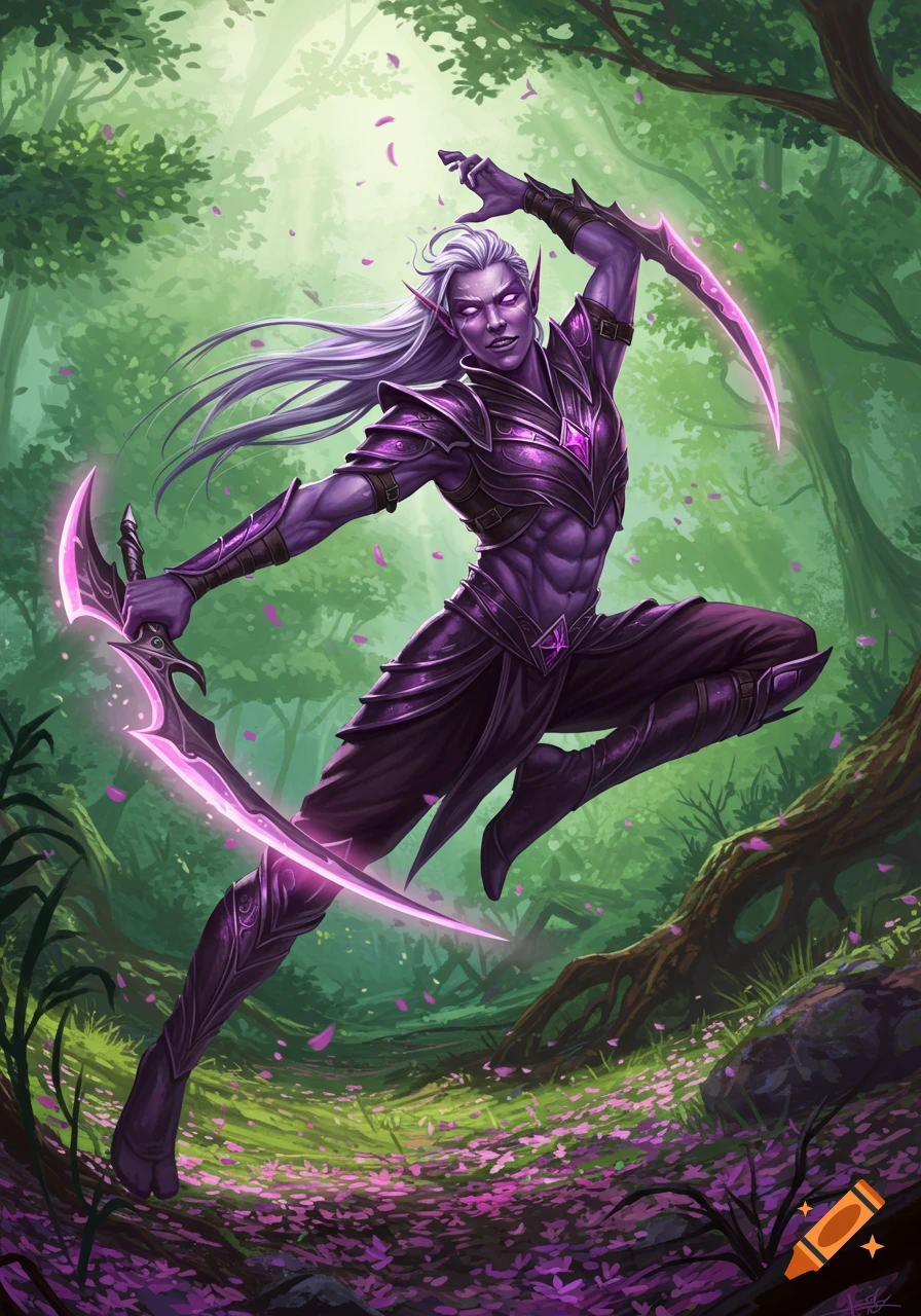 A muscular male dark elf warrior with white hair and purple skin, wearing dark purple armor, wields two glowing purple crescent swords in a magical forest.