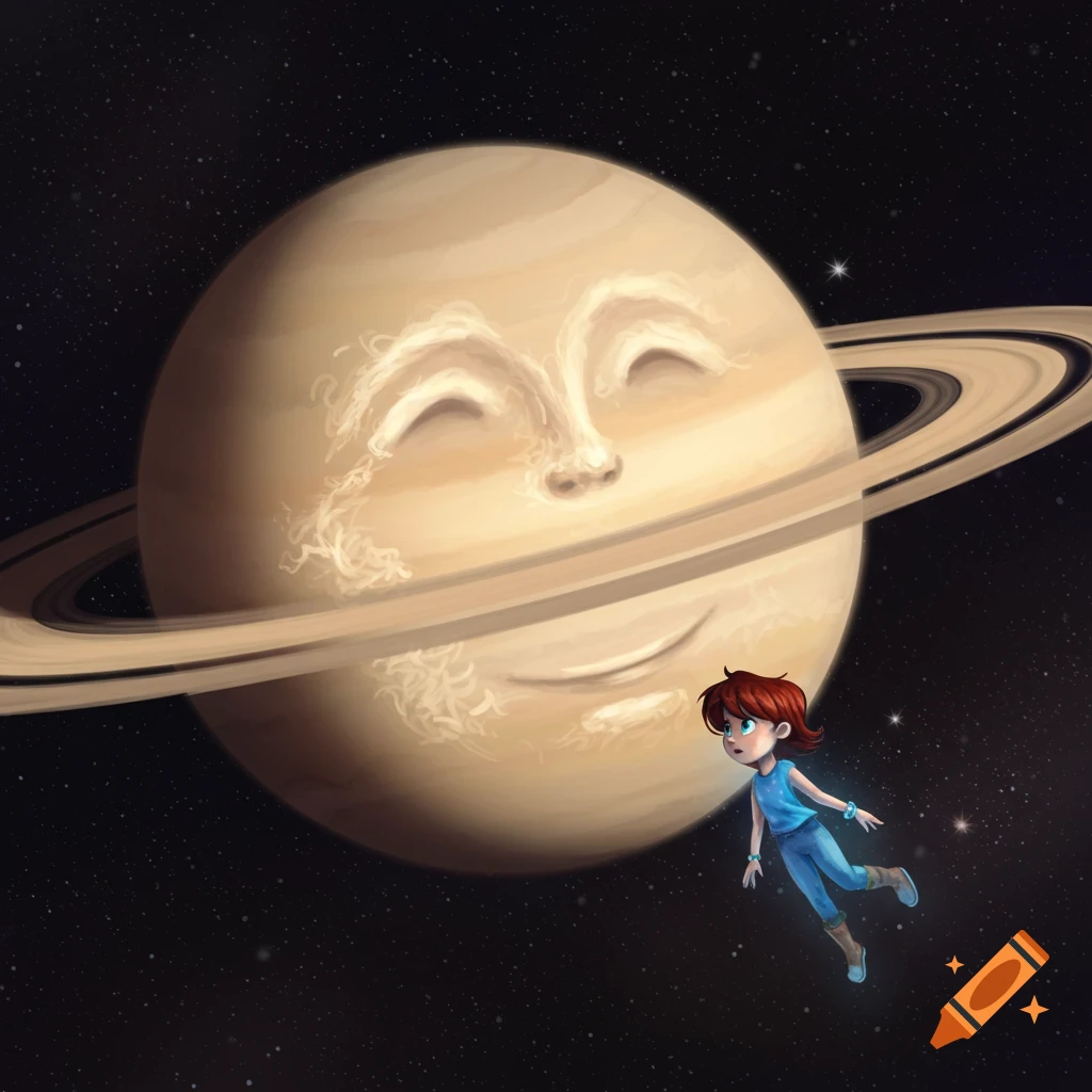 An illustrated image of a smiling, friendly-faced Saturn in space, with a small cartoon child floating towards it.