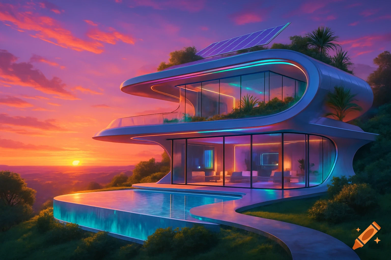 A futuristic house with an infinity pool sits on a hill overlooking a sunset landscape. The building has glowing neon trim and solar panels.