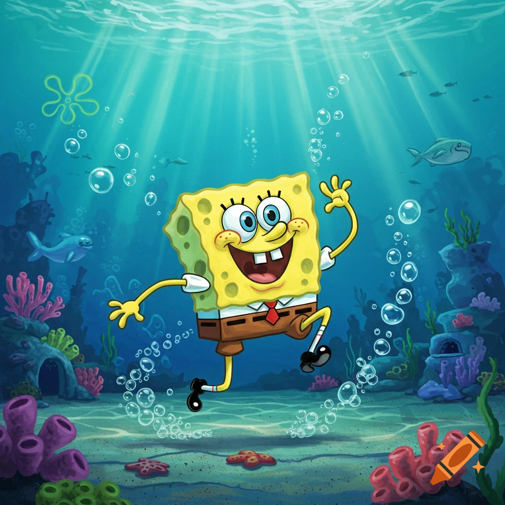Spongebob Squarepants joyfully dancing underwater amidst coral reefs and fish in a vibrant cartoon style.