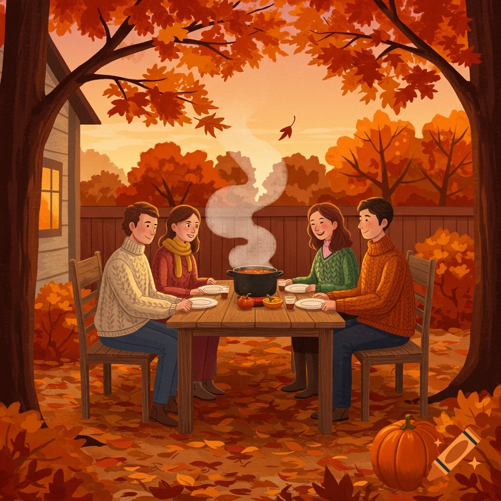 Cozy autumn illustration of four people sharing a steaming pot of soup at a wooden table outdoors, surrounded by fall foliage.