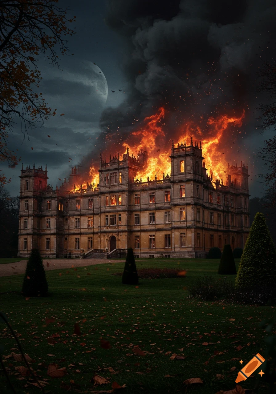 A large, stately manor house is engulfed in dramatic flames under a stormy night sky with a large moon and scattered autumn leaves.