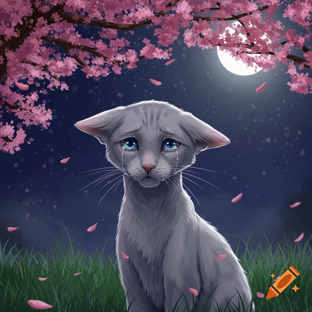 A sad, grey cat with blue tears sits in grass under a pink cherry blossom tree at night with a full moon. Pink petals fall around it.