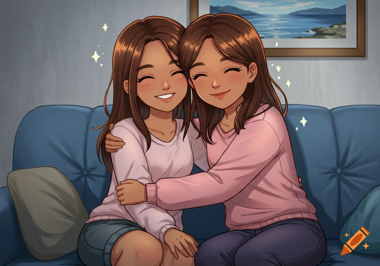 Two cute anime-style sisters with brown hair and tan skin hug on a blue couch, smiling, with a sea painting in the background.