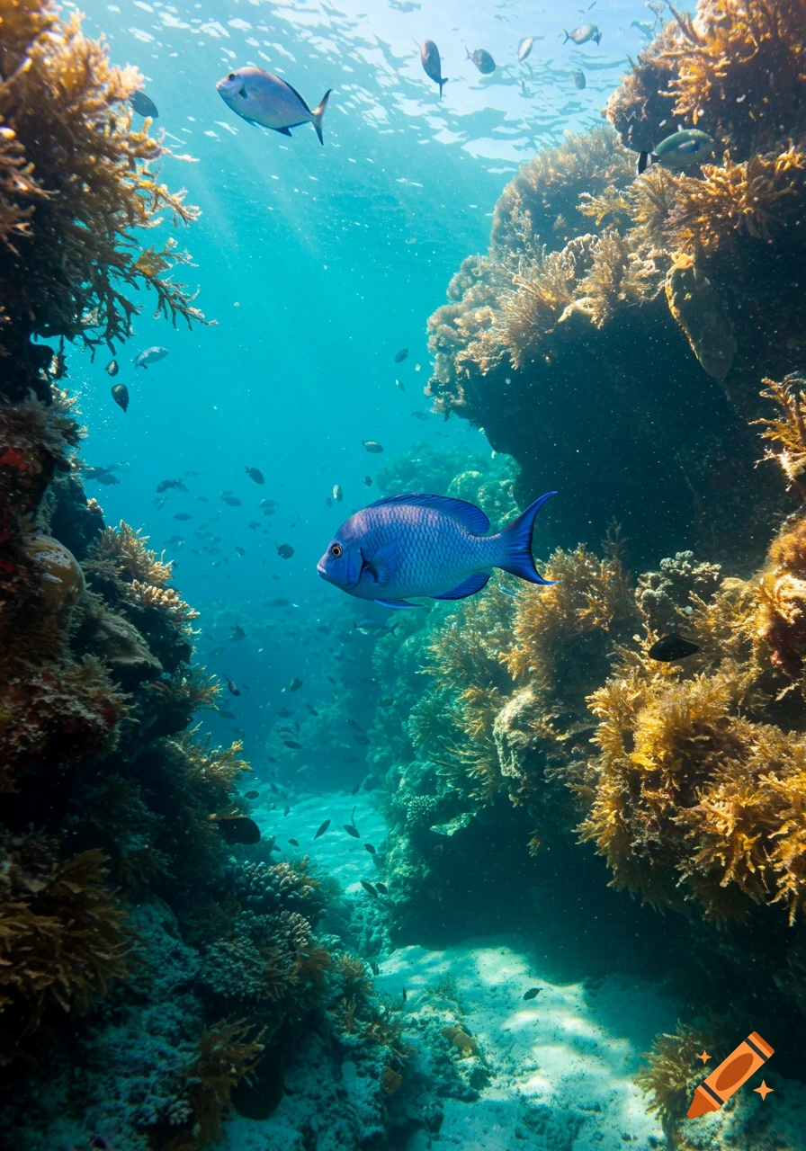 Photorealistic underwater scene of a blue fish swimming amidst a colorful coral reef, with sunlight filtering through turquoise water.