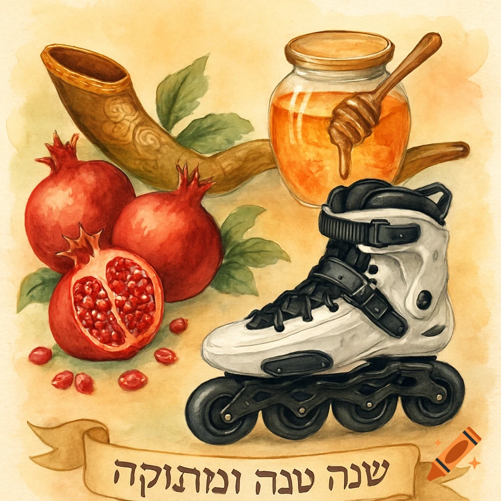 Watercolor of Rosh Hashanah symbols: pomegranates, honey, shofar, and an inline skate, with 'Shana Tova U'Metuka' in Hebrew.