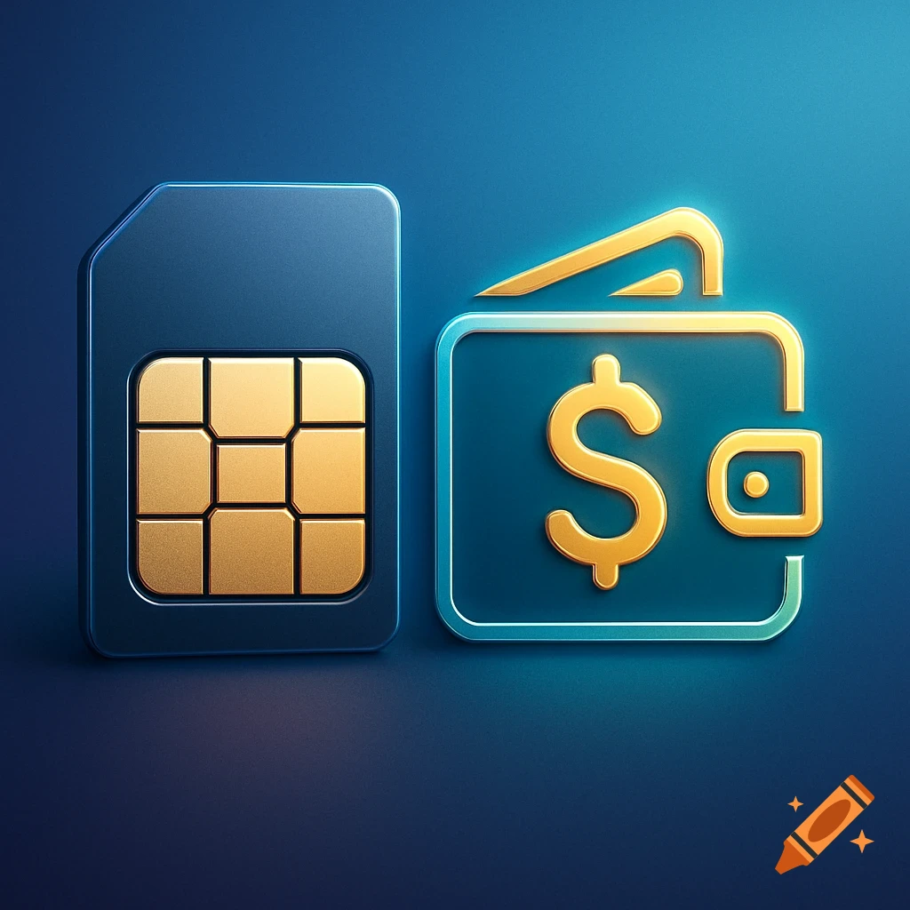 A dark blue SIM card next to a glowing blue and gold wallet icon with a dollar sign on a dark blue background.