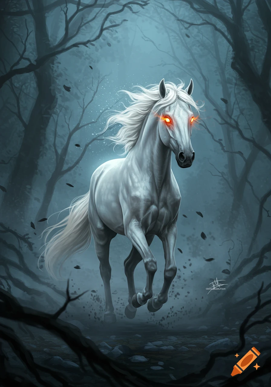 A majestic white horse with glowing orange eyes charges through a dark, misty forest, with leaves swirling around it.
