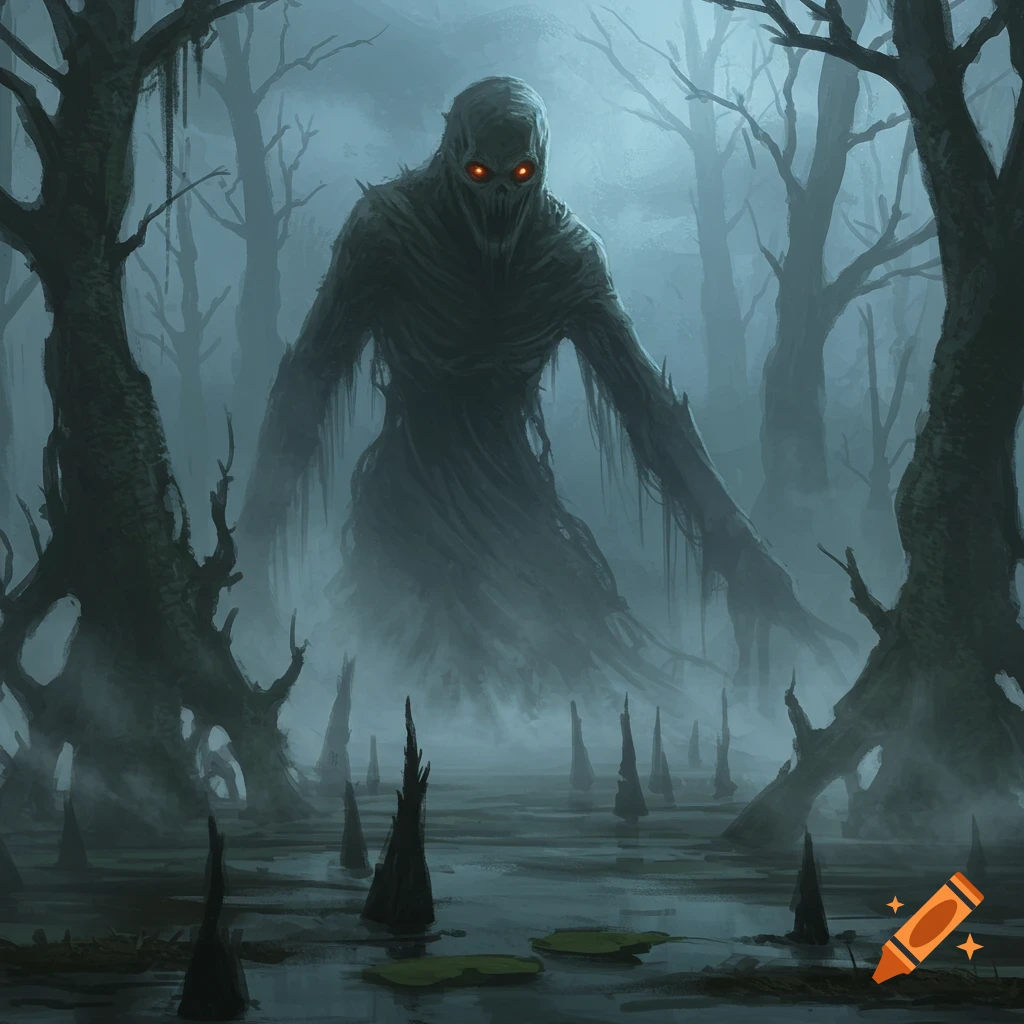A towering, skeletal monster with glowing red eyes stands in a dark, foggy swamp with twisted trees and spiky growths.