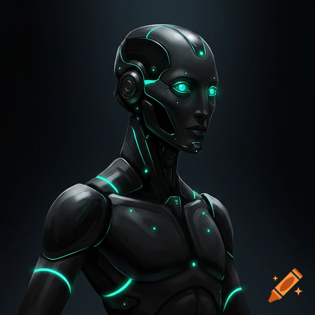 A sleek, matte black robot with glowing green eyes and teal light accents along its body, set against a dark background.