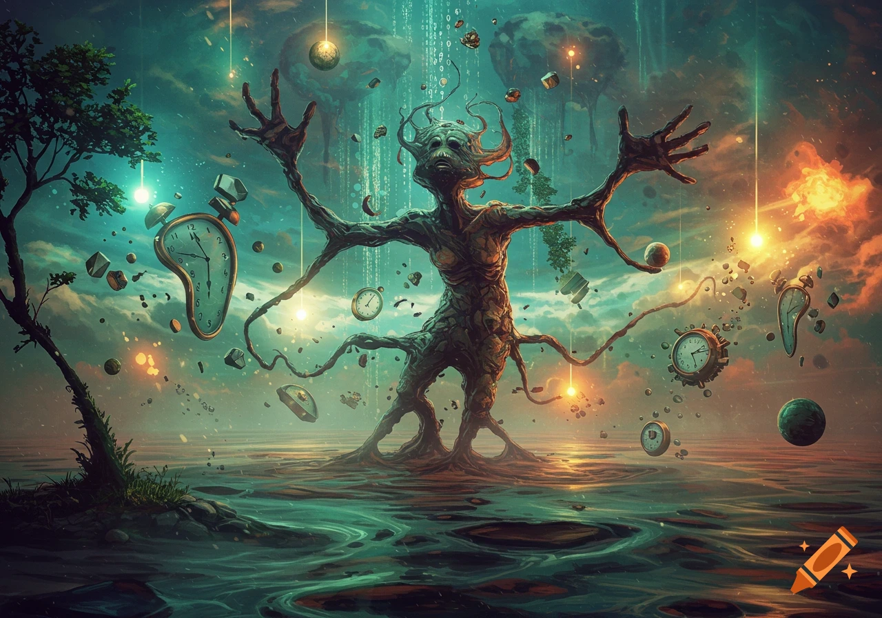 Grotesque tree-like creature rises from surreal teal water with outstretched arms, surrounded by melting clocks, glowing orbs, and floating debris under a colorful sky.