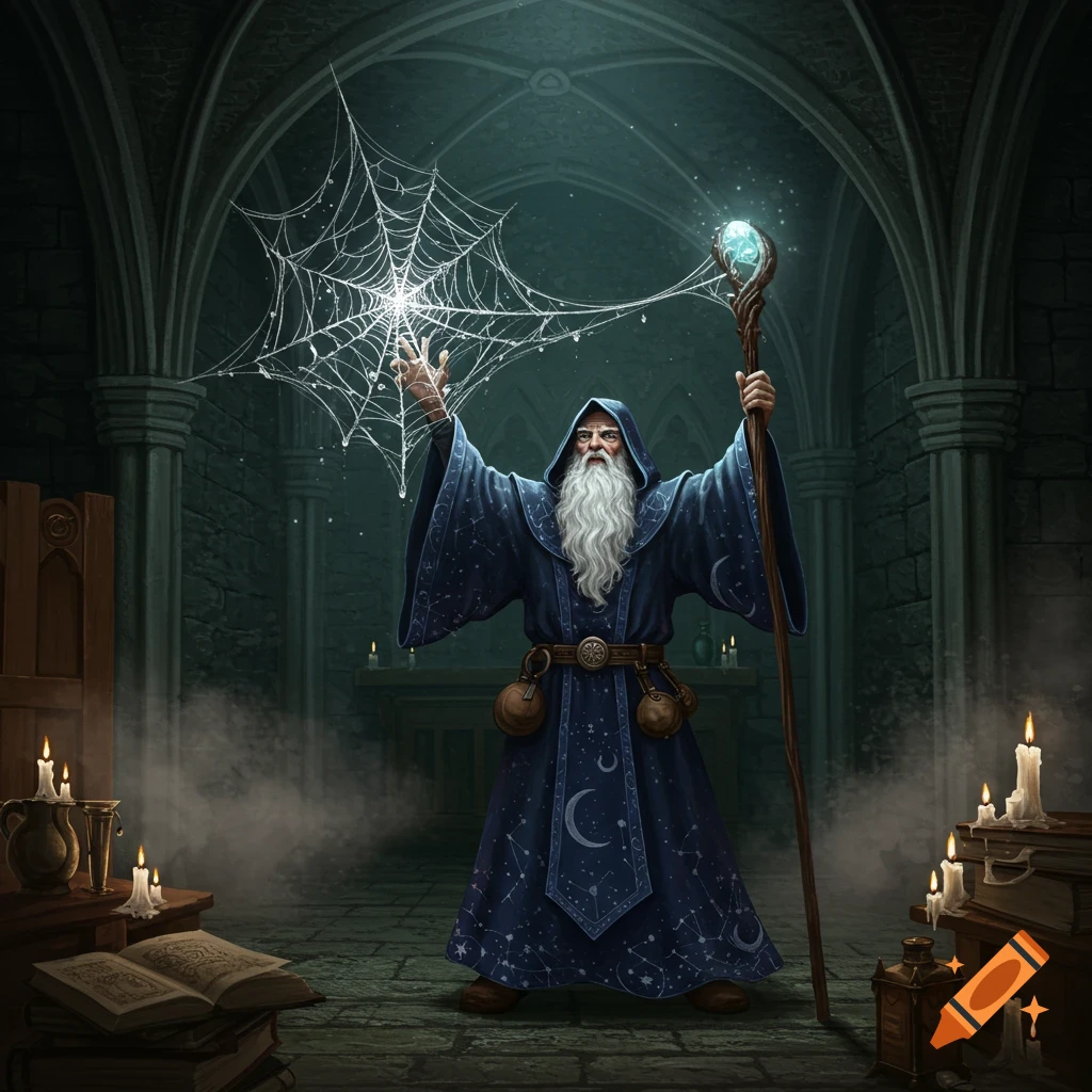 A bearded wizard in a blue robe with moon and star patterns stands in a dark stone chamber, conjuring a glowing spiderweb.