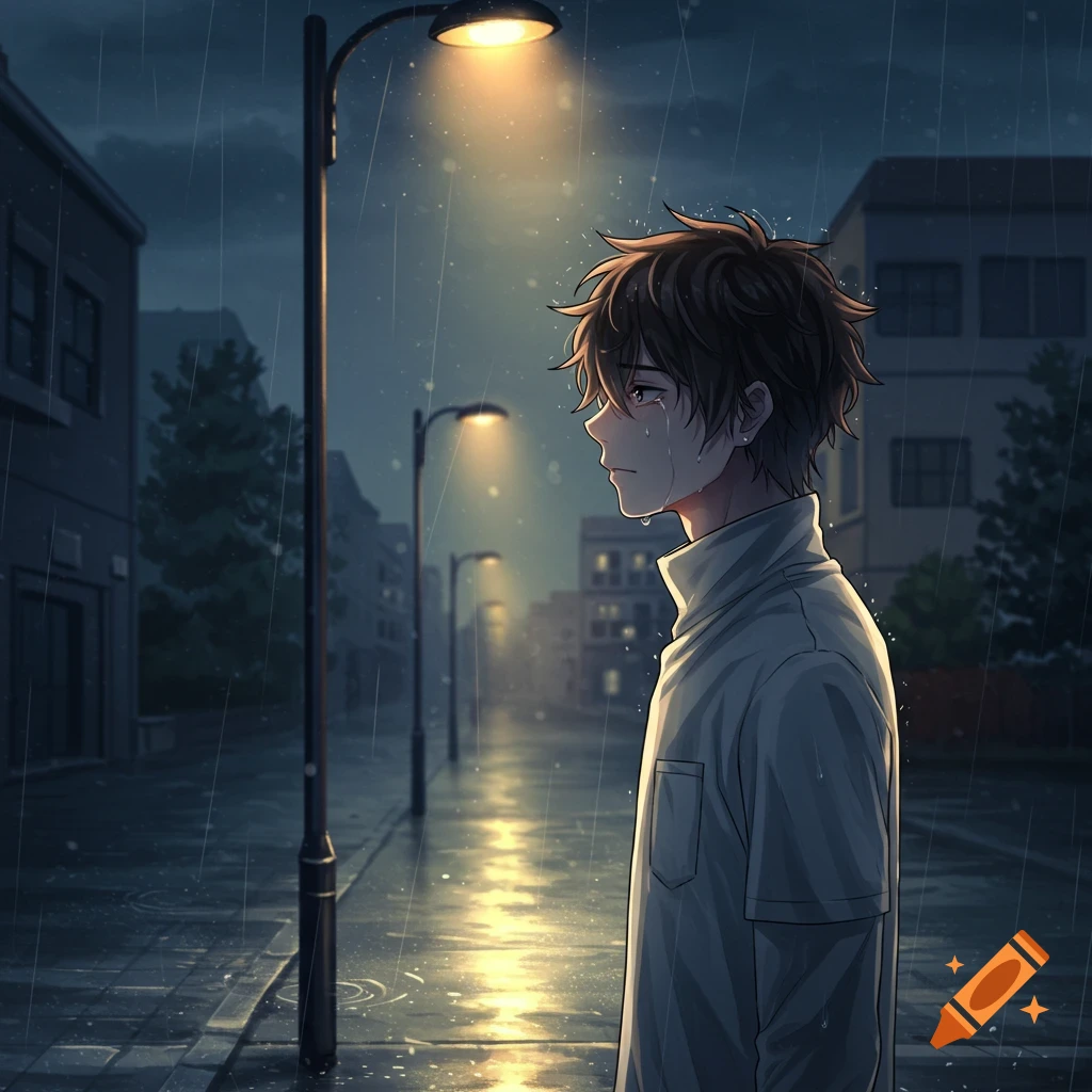 Anime boy crying while standing in the rain under a street light at night.