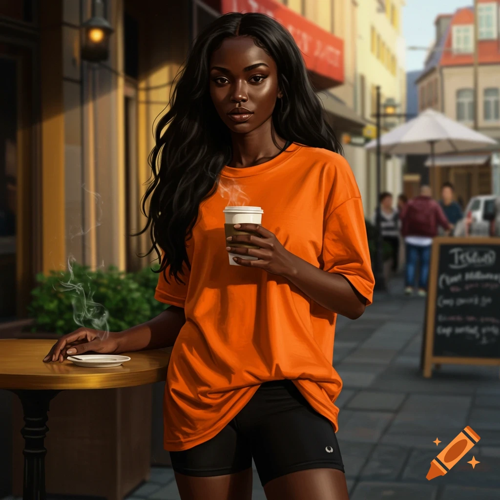 A dark-skinned woman with long black hair, in an orange t-shirt and black shorts, stands outside a cafe holding a coffee.