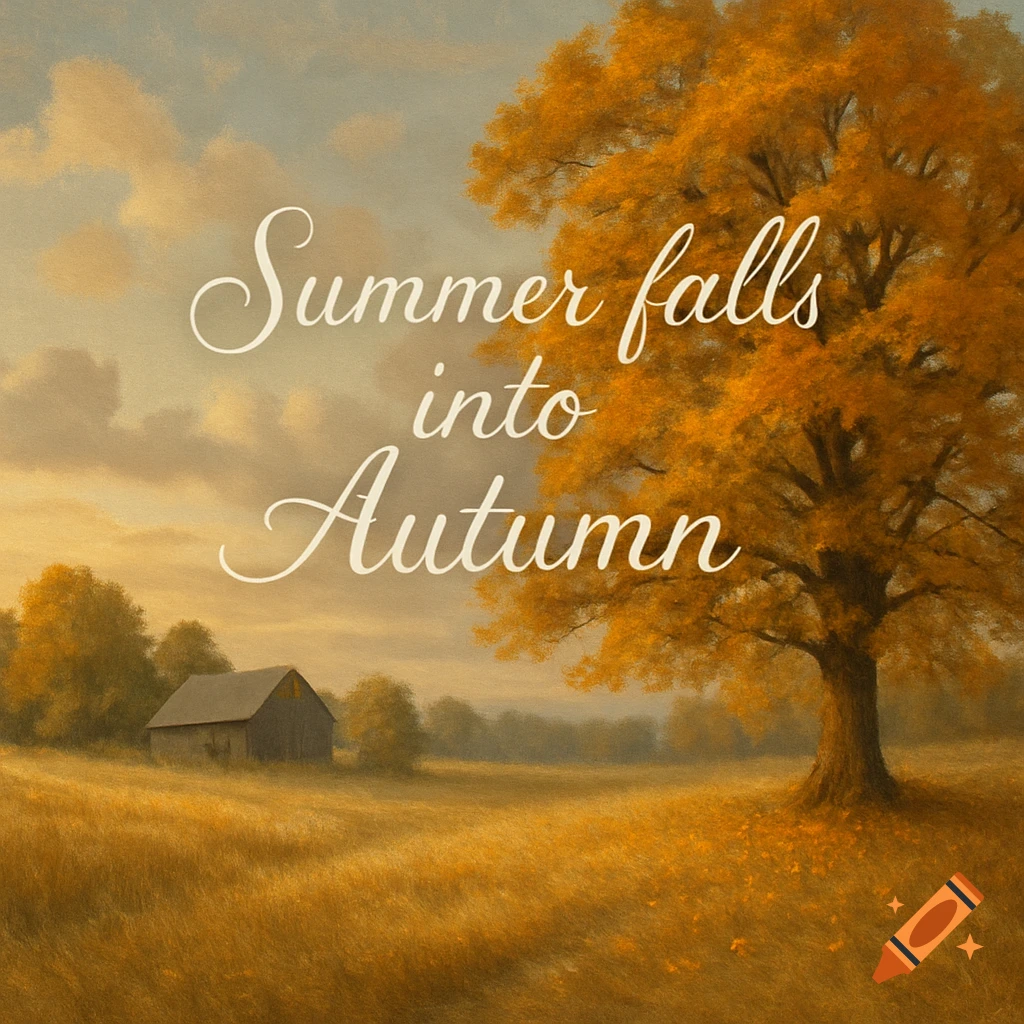 Painterly autumn landscape with a barn, golden fields, a large tree, and text 'Summer falls into Autumn' under a cloudy sky.