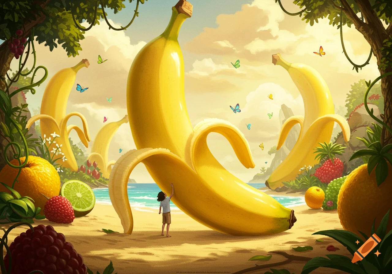 A child stands on a beach with giant peeled bananas and other fruits, surrounded by tropical plants under a sunny sky in a fantastical illustration.