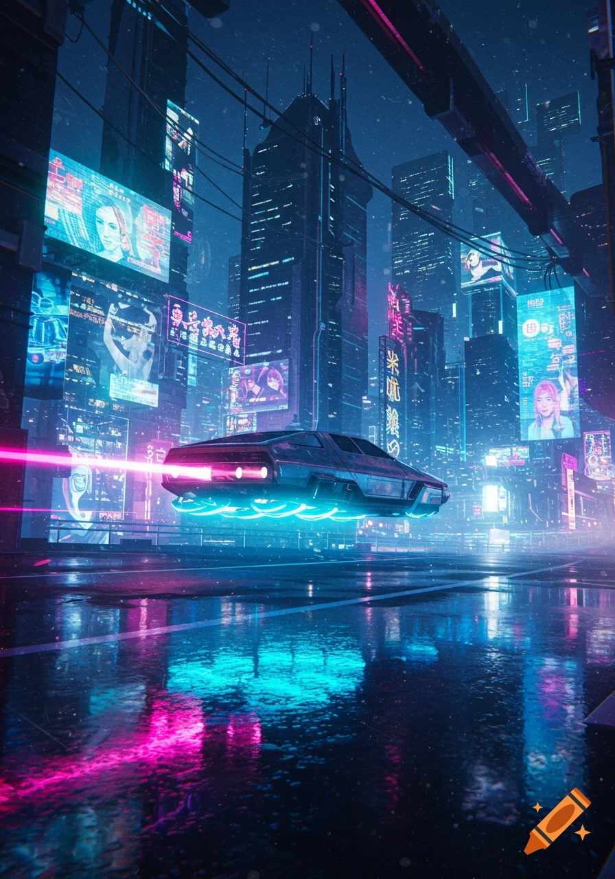 A futuristic flying car with neon lights hovers over a wet street in a cyberpunk city at night, surrounded by glowing skyscrapers.