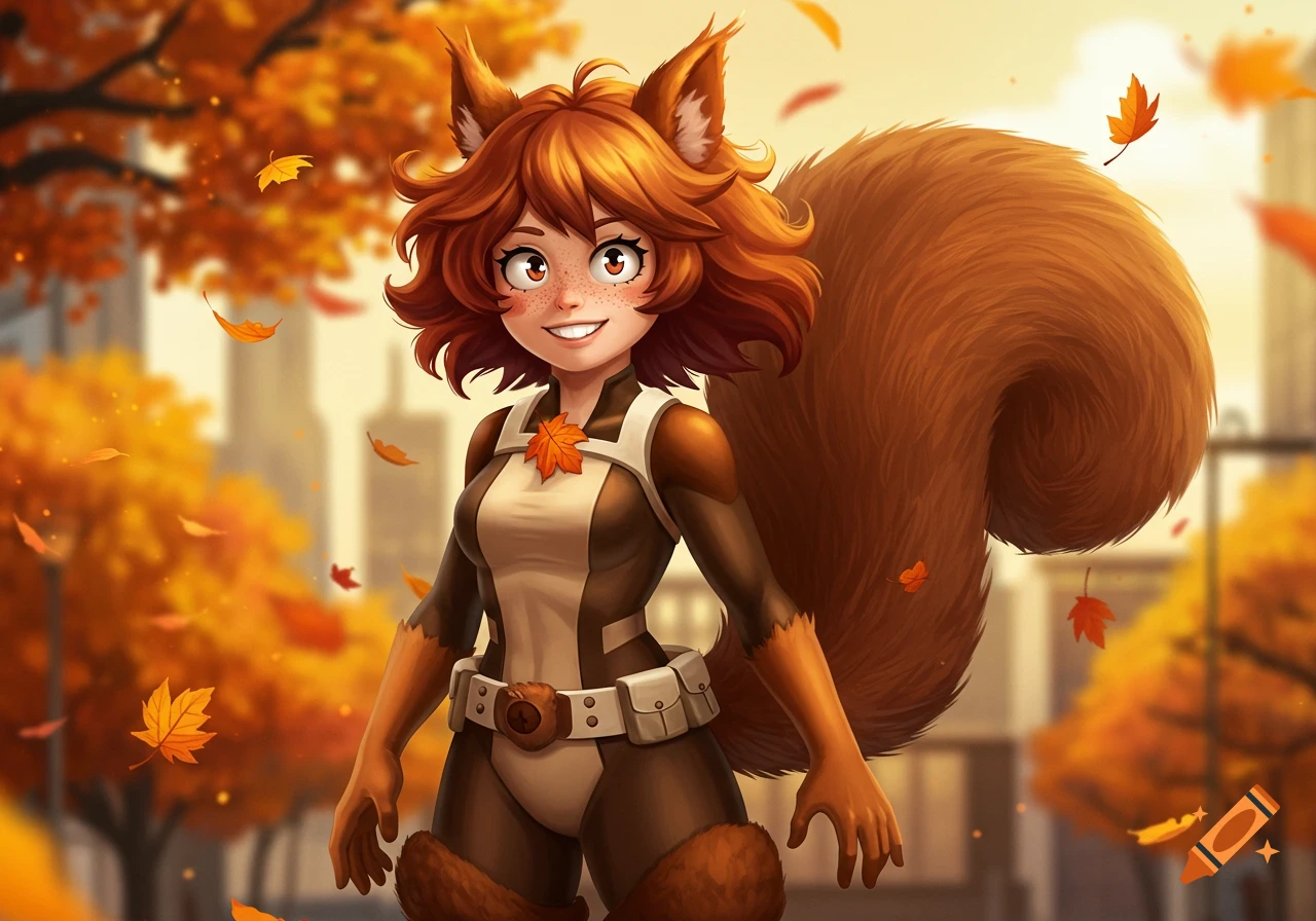 An anime-style squirrel hero girl with red hair, freckles, and a fluffy tail, standing in an autumn city scene with falling orange leaves.