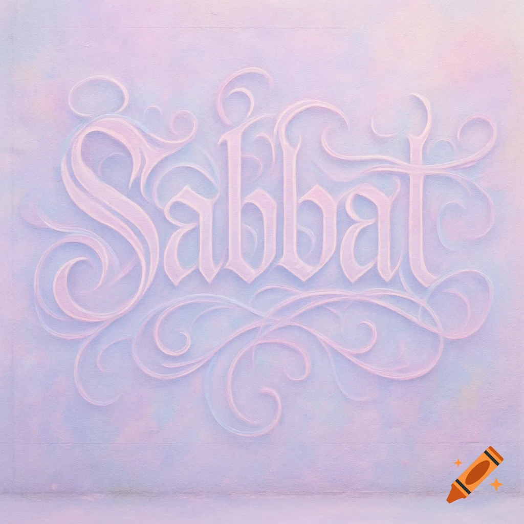 The word 'Sabbat' in elegant pastel pink calligraphy and flourishes on a soft blue and pink background.