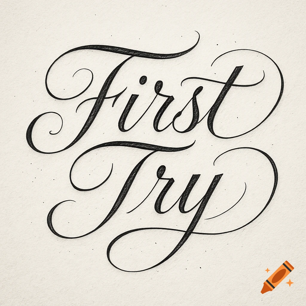 Decorative black script spelling 'First Try' on a textured light background.