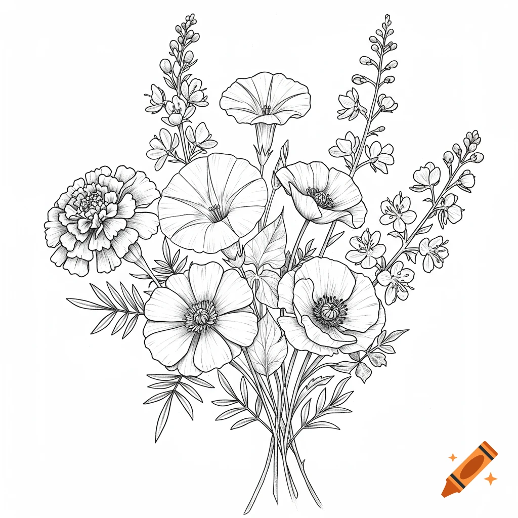A black and white line art sketch of a bouquet featuring marigolds, morning glories, poppies, and delphiniums.