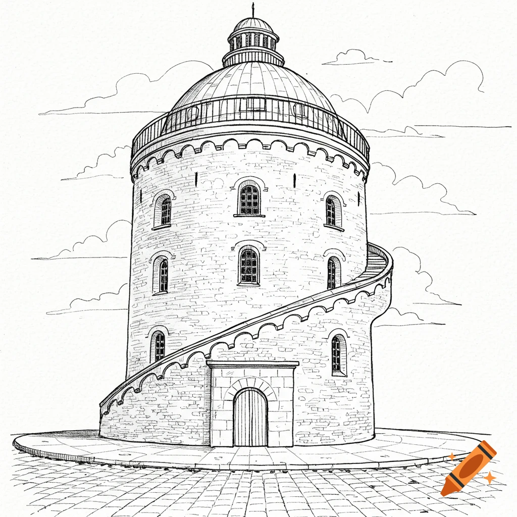 Black and white outline sketch of the Rundetårn, a round tower with a spiral external staircase and domed roof.