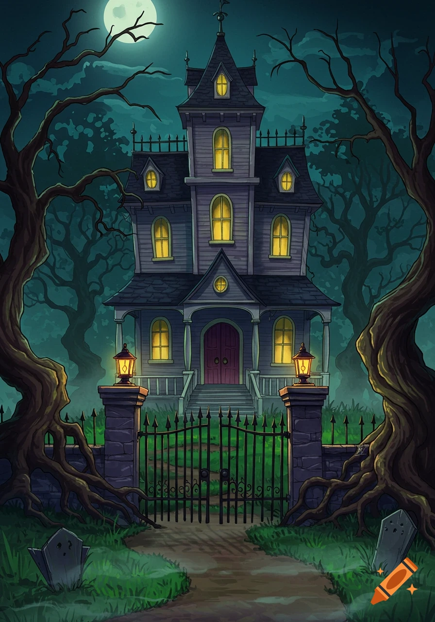A cartoon haunted house under a full moon with spooky trees, a gated path, and gravestones.