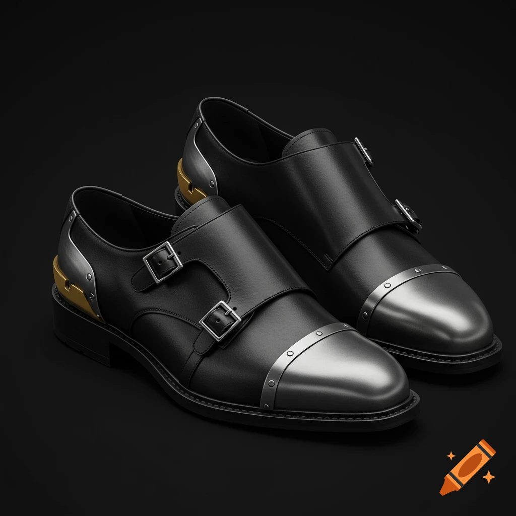 A pair of black leather double monk strap shoes with polished silver toe caps and gold heel accents on a dark background.