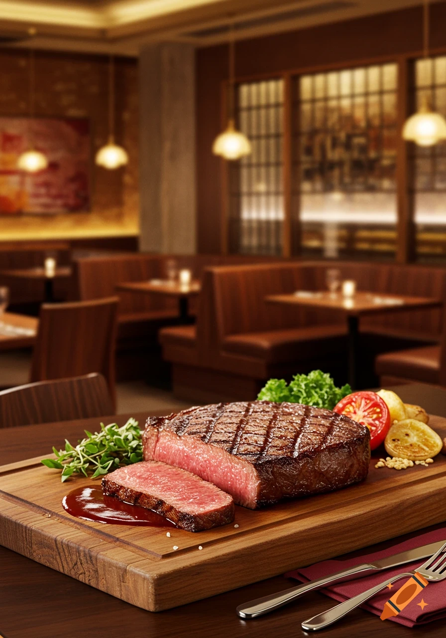 Photorealistic image of a sliced medium-rare steak on a wooden board with garnishes, cutlery, and a blurred restaurant background.