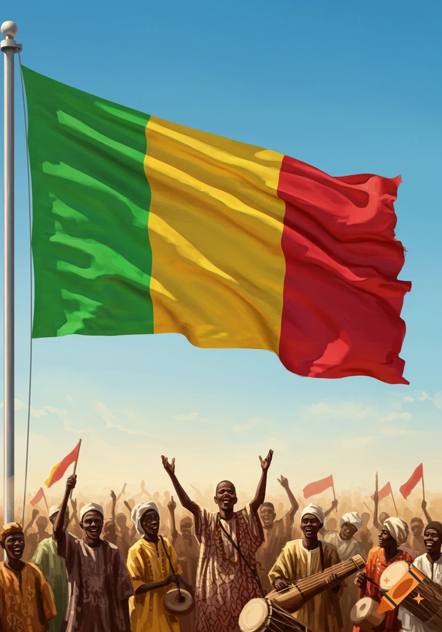 A vibrant digital painting shows the large green, yellow, and red flag of Mali waving over a joyful crowd celebrating with drums and raised arms.