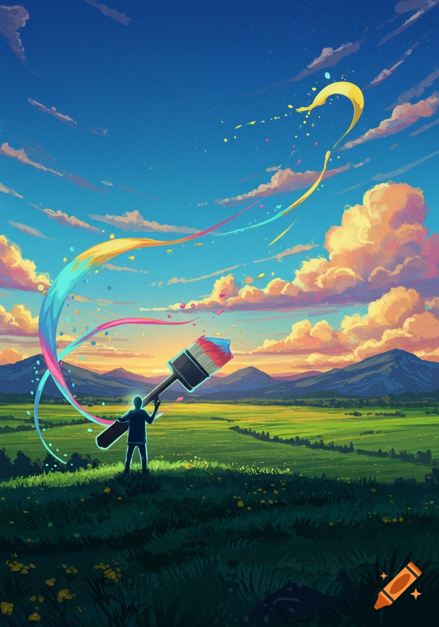 A silhouette of a person in a green field holds a giant paintbrush streaking vibrant colors across a sunset sky over mountains.