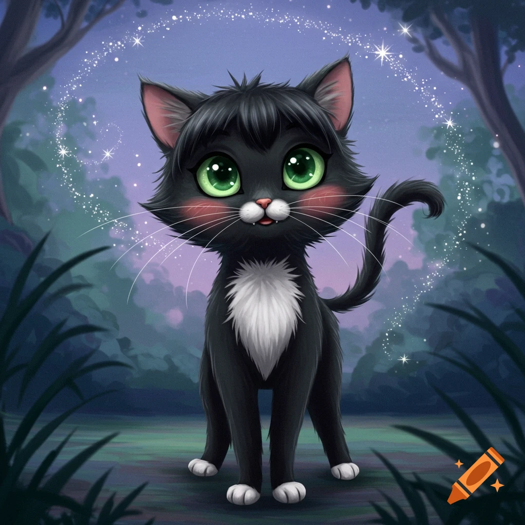 A cute black cartoon cat with large green eyes, pink cheeks, and white chest fur stands in a whimsical forest with sparkling light trails.