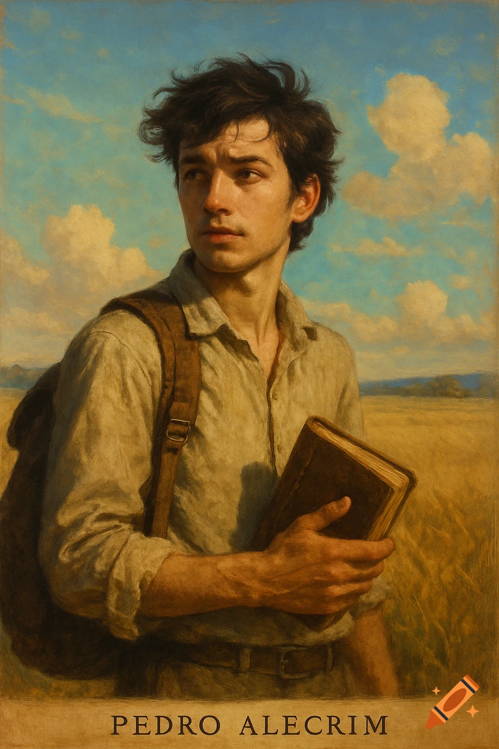 Painting of a young man with a backpack and a book, looking left in a field under a cloudy sky, with 'PEDRO ALECRIM' at the bottom.